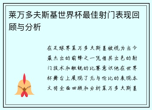 莱万多夫斯基世界杯最佳射门表现回顾与分析